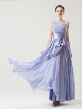  One Shoulder Ruching and Bowknot Lavender Side Zipper Sleeveless Floor Length