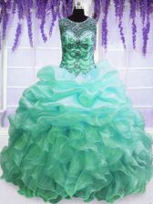  Scoop Turquoise Sleeveless Floor Length Beading and Pick Ups Lace Up Vestidos de Quinceanera