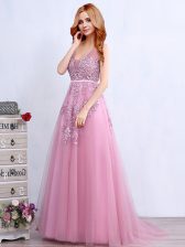 Wonderful Brush Train Empire Prom Gown Pink V-neck Tulle Sleeveless With Train Backless