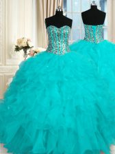 Nice Organza Sweetheart Sleeveless Lace Up Beading and Ruffles Sweet 16 Dress in Baby Blue