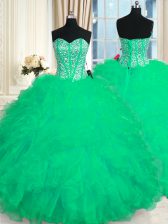  Floor Length Turquoise Vestidos de Quinceanera Organza Sleeveless Beading and Ruffles