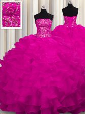  Strapless Sleeveless Organza Quinceanera Dress Beading and Ruffles Sweep Train Lace Up