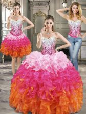  Three Piece Sleeveless Lace Up Floor Length Beading Quinceanera Dress