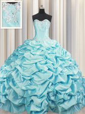 Suitable Brush Train Aqua Blue Sleeveless Beading and Pick Ups Lace Up Quinceanera Gowns