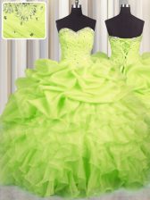  Pick Ups Ball Gowns Sweet 16 Dress Yellow Green Sweetheart Organza Sleeveless Floor Length Lace Up