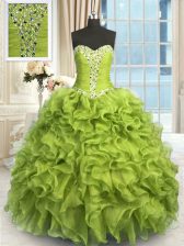 High Class Organza Sweetheart Sleeveless Lace Up Beading and Ruffles 15th Birthday Dress in Yellow Green