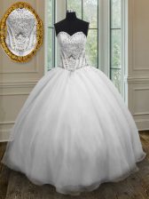 On Sale Sleeveless Organza Floor Length Lace Up Quinceanera Dress in White with Beading
