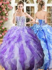  Floor Length White and Purple Quince Ball Gowns Organza Sleeveless Beading and Ruffles