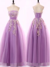 Ideal Sleeveless Tulle Floor Length Zipper Dress for Prom in Lilac with Appliques
