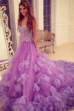 Flirting With Train Backless Prom Party Dress Lavender for Prom with Beading and Hand Made Flower Court Train