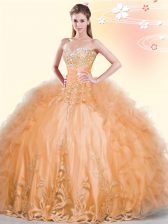 Best Selling Orange Sweetheart Lace Up Beading and Appliques and Ruffles Sweet 16 Quinceanera Dress Sleeveless