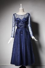 Custom Designed Scoop Navy Blue Long Sleeves Tea Length Beading and Hand Made Flower Zipper Dress for Prom