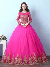 Glamorous Scoop Long Sleeves Lace Up Quinceanera Dress Fuchsia Tulle