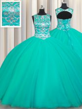  Turquoise Quinceanera Dress Military Ball and Sweet 16 and Quinceanera with Appliques Scoop Sleeveless Lace Up