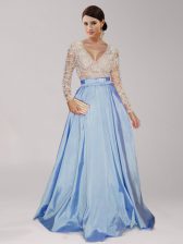  Taffeta Long Sleeves Floor Length Prom Party Dress and Beading and Belt
