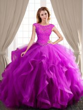 Delicate Scoop With Train Ball Gowns Cap Sleeves Fuchsia Quinceanera Gowns Brush Train Lace Up
