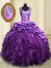  Organza and Taffeta Sweetheart Cap Sleeves Brush Train Lace Up Beading and Ruffles and Pick Ups Sweet 16 Dress in Purple