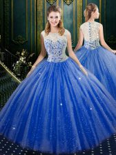 Modern Floor Length Royal Blue Sweet 16 Quinceanera Dress High-neck Sleeveless Zipper