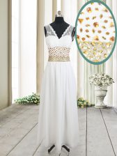 Traditional White Column/Sheath Beading and Belt Prom Evening Gown Zipper Chiffon Sleeveless Ankle Length