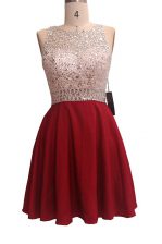  Wine Red Zipper Scoop Sequins Prom Party Dress Chiffon Sleeveless