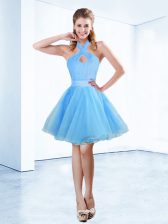  Blue Halter Top Neckline Ruching and Belt Dress for Prom Sleeveless Zipper