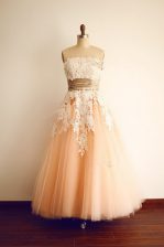  Peach Organza Zipper Prom Dresses Sleeveless Floor Length Lace and Appliques and Belt