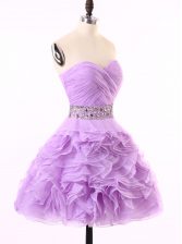 Fantastic Mini Length Lavender Prom Dress Organza Sleeveless Beading and Ruching