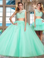  Apple Green Quince Ball Gowns Military Ball and Sweet 16 and Quinceanera with Appliques Bateau Cap Sleeves Zipper