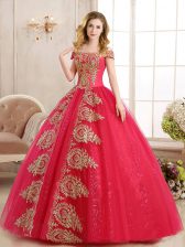 Fashionable Red Off The Shoulder Lace Up Appliques and Sequins Quinceanera Gown Sleeveless
