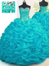 Luxury Aqua Blue Organza Lace Up 15th Birthday Dress Sleeveless With Brush Train Beading and Ruffles