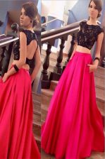  Scoop Pink And Black Short Sleeves Satin Brush Train Backless Prom Evening Gown for Prom and Party