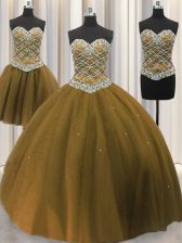 Pretty Three Piece Brown Lace Up Sweetheart Beading and Sequins Ball Gown Prom Dress Tulle Sleeveless