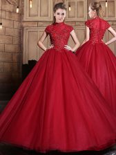 Delicate Wine Red Ball Gowns High-neck Short Sleeves Tulle Floor Length Zipper Appliques Vestidos de Quinceanera