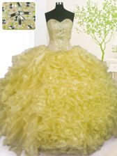  Light Yellow Sleeveless Floor Length Beading and Ruffles and Pick Ups Lace Up Quinceanera Gown