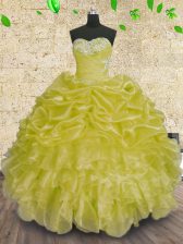 Custom Design Organza Sleeveless Floor Length 15th Birthday Dress and Beading and Appliques and Ruffles and Ruching