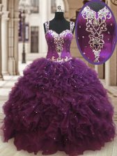  Ball Gowns Sweet 16 Dresses Dark Purple Straps Organza Sleeveless Floor Length Zipper