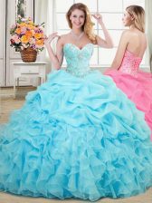 Dramatic Aqua Blue 15th Birthday Dress Military Ball and Sweet 16 and Quinceanera with Beading and Ruffles and Pick Ups Sweetheart Sleeveless Lace Up