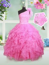  One Shoulder Floor Length Ball Gowns Sleeveless Rose Pink Little Girl Pageant Dress Lace Up