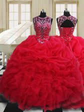  Red Ball Gowns Scoop Sleeveless Organza Floor Length Lace Up Beading and Pick Ups Quinceanera Gowns