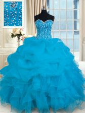 Decent Floor Length Lace Up Quinceanera Dress Baby Blue for Military Ball and Sweet 16 and Quinceanera with Beading and Ruffles