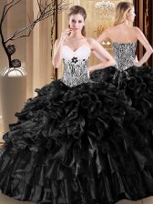  Black Organza Lace Up Sweetheart Sleeveless Floor Length Sweet 16 Quinceanera Dress Ruffles and Pattern
