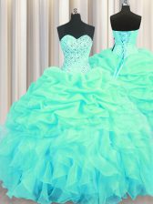  Turquoise Lace Up Vestidos de Quinceanera Beading and Ruffles and Pick Ups Sleeveless Floor Length