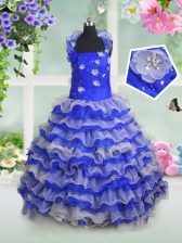 Admirable Ruffled Floor Length Ball Gowns Sleeveless Royal Blue Party Dress for Girls Lace Up