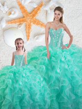 Edgy Sleeveless Organza Floor Length Lace Up 15th Birthday Dress in Turquoise with Beading and Ruffles