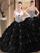  Black Ball Gowns Sweetheart Sleeveless Taffeta Floor Length Lace Up Appliques and Pick Ups and Pattern 15th Birthday Dress