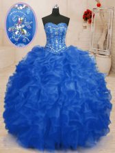 Customized Blue Quinceanera Dresses Military Ball and Sweet 16 and Quinceanera with Beading and Ruffles Sweetheart Sleeveless Lace Up