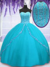 Cheap Sleeveless Tulle Floor Length Backless 15th Birthday Dress in Aqua Blue with Beading and Sequins