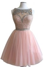 Lovely Pink Tulle Side Zipper Dress for Prom Sleeveless Mini Length Beading