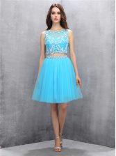  Scoop Backless Knee Length Blue Prom Evening Gown Organza Sleeveless Beading