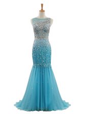 Excellent Blue Mermaid Beading Evening Dress Zipper Tulle Sleeveless With Train